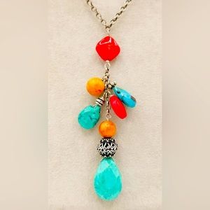 Turquoise, Coral, Red Tagua Nut & 925 Sterling Silver Y-Necklace 18" ~ 1950s
